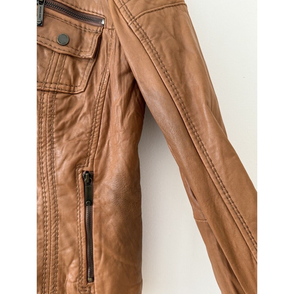 Michael Kors Buttery Leather Zip Front Camel  Racer Jacket Sz L Outwear Capsule - Picture 5 of 9